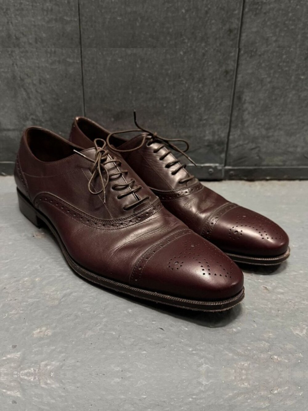 SALVATORE FERRAGAMO Dark Brown Leather Oxford Shoes 10D LAVORAZIONE ORIGINALE